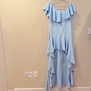 Ice Blue High Low Dress with Flutter Sleeve and Neckline